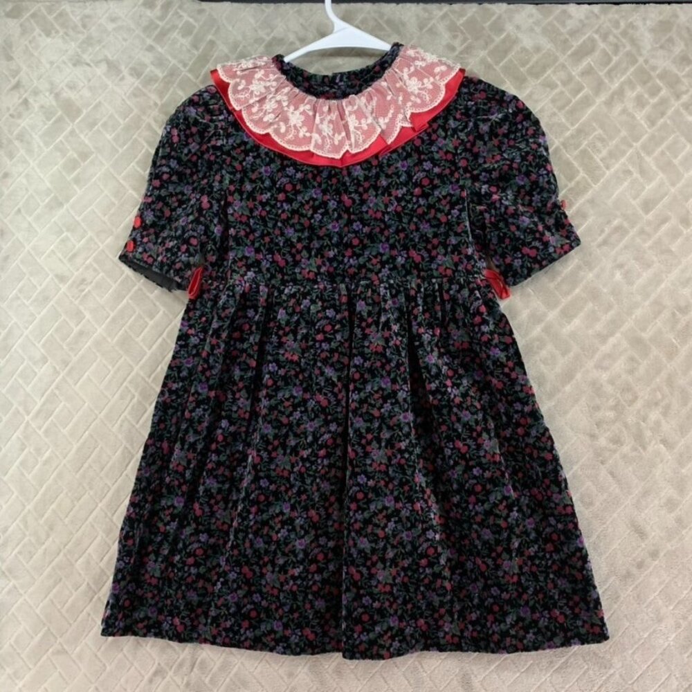 Bonnie Jean Dress Girls 6x Dark Velvet Ditsy Floral Lace Collared Vintage 90s